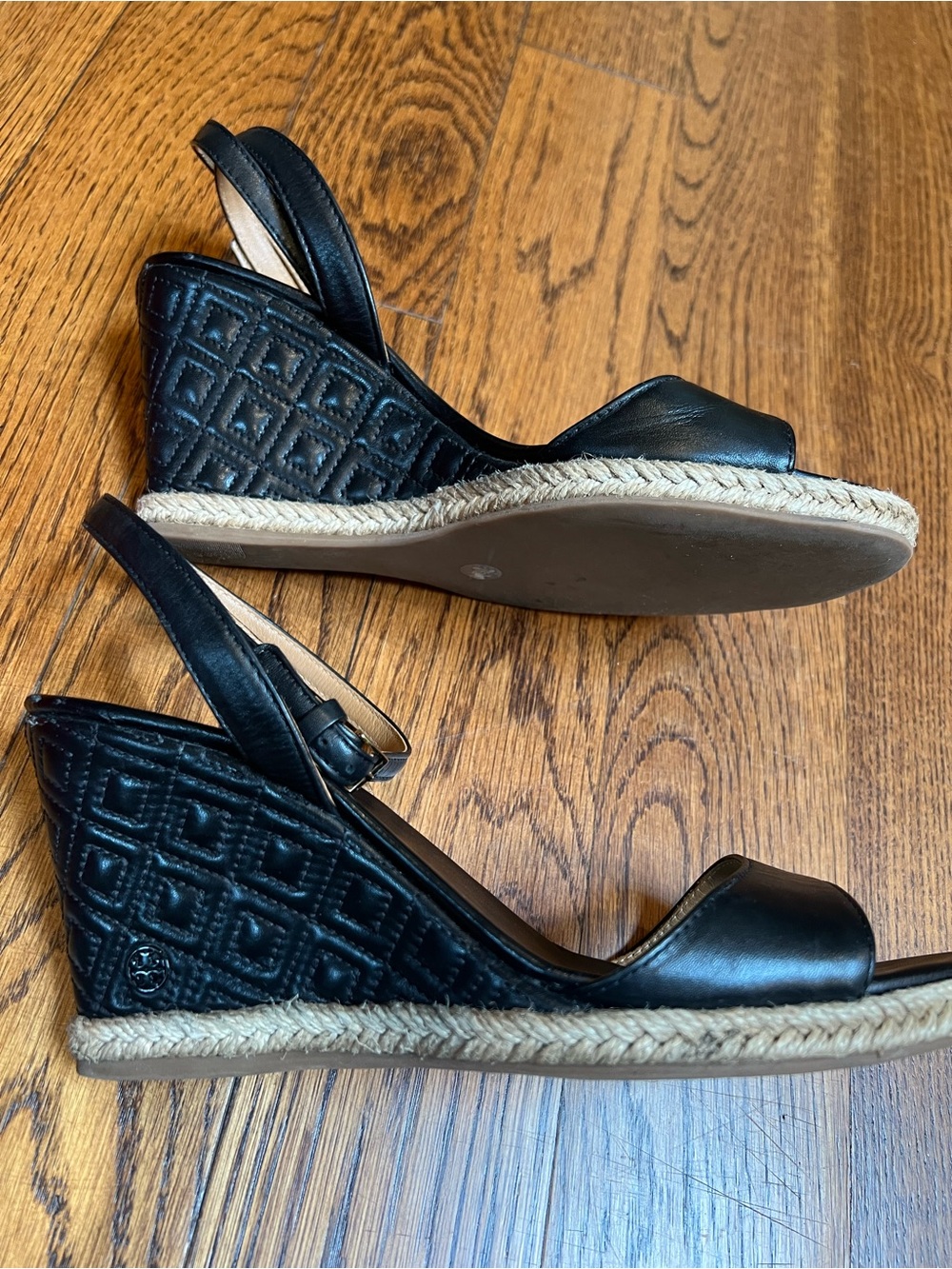 Tory Burch Black Leather Ankle-Strap Espadrille Sandals - Picture 4 of 6